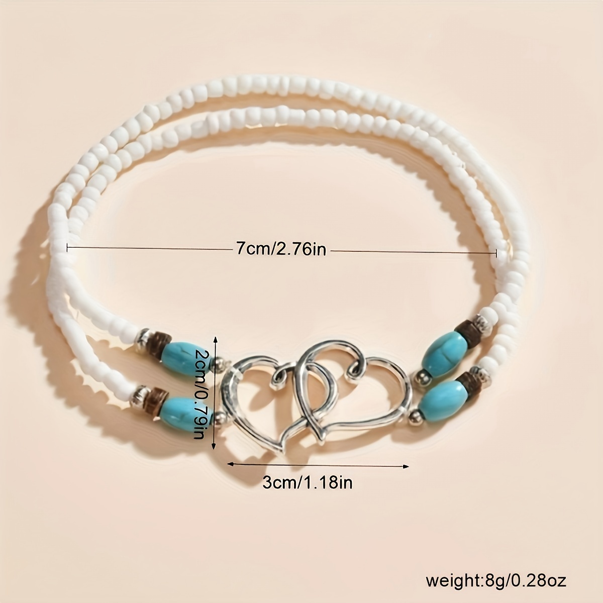 Bohemian Glass Rice Bead Double Heart Elastic Anklet